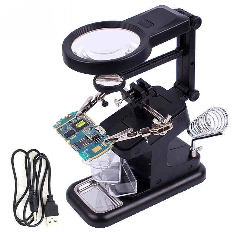 LED Light Desktop Magnifying Glass Soldering Station USB Adjustable Helping Hands Magnifier with LED Light and Alligator Clips