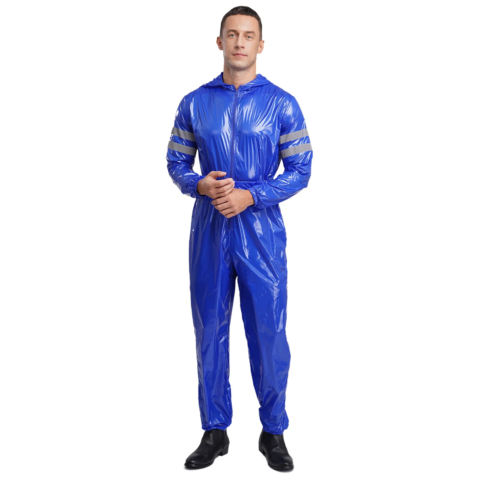 أزياء رجالي مآزر مقاومة للماء وضوح عالية شرائط عاكسة طويلة الأكمام مرونة الخصر الجبهة زيبر مقنعين بذلة