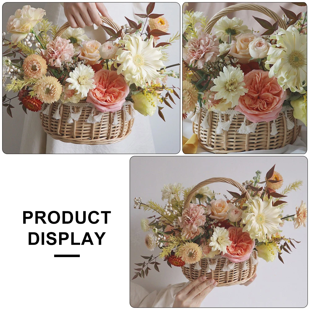

Round Waterproof Wood Tassel Flower Home Decor Office Hotel Use Woven Basket Wood Flower Basket Storage