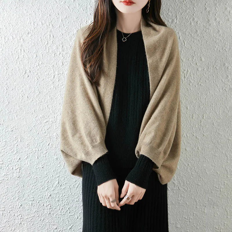 

High End Cashmere Knitted Shawl/Scarf Autumn Winter Solid Women Cardigans Jacket Elegant Batwing Sleeve Warm Knitting Bib Scarf