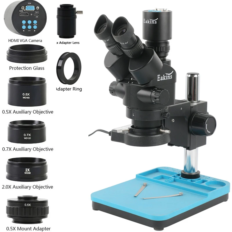 

4K 2K 55MP HDMI USB VGA Type-c Video Camera + 3.5X-90X Stereo Trinocular Microscope+0.7X 0.5X 1.0X 2.0X Auxiliary Objective Lens