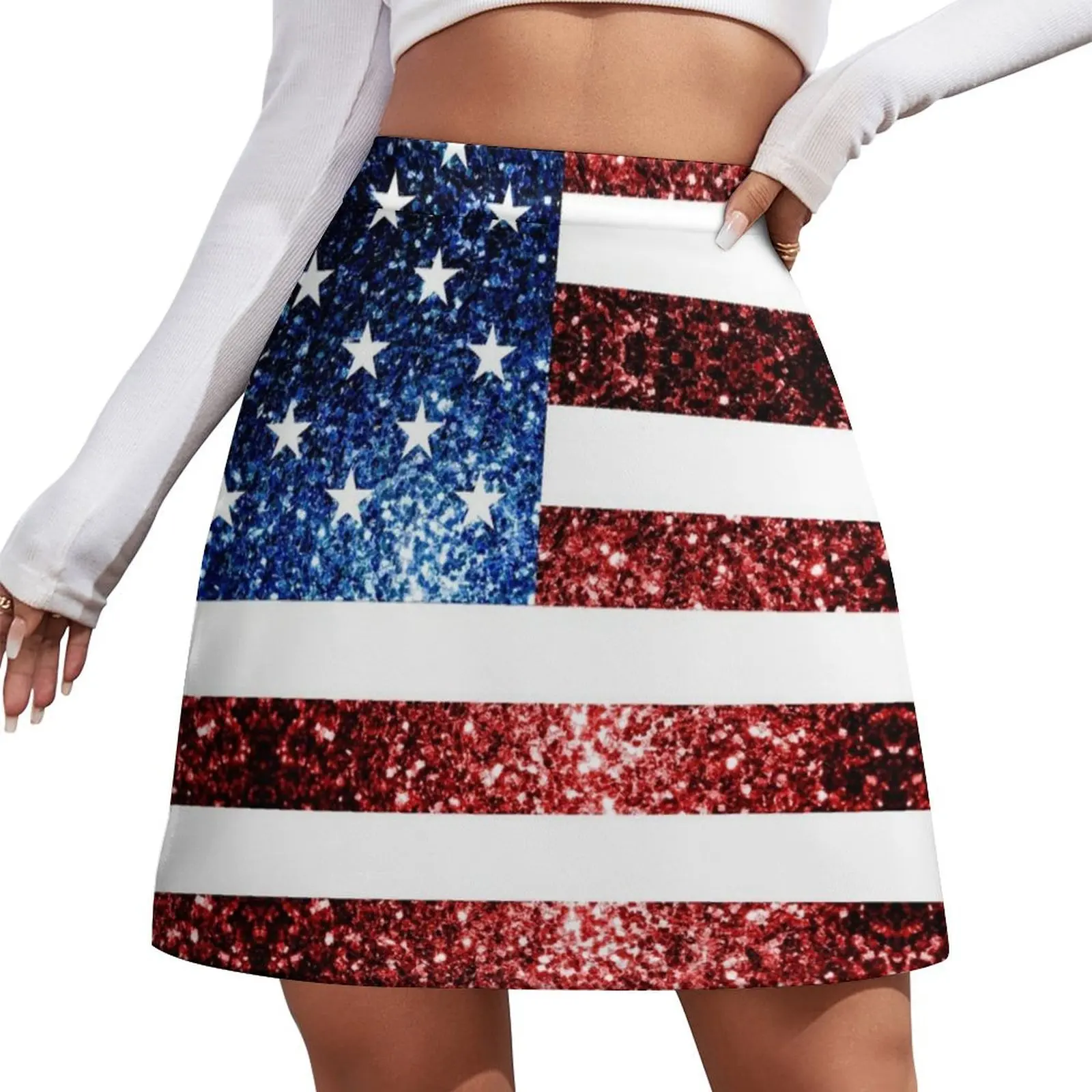USA flag red blue faux sparkles glitters 4th of July patriotic girly design (Photo of Glitter - Not Reflective) Mini Skirt