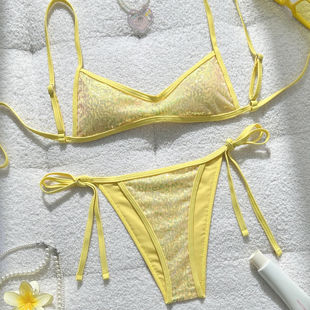 New European American Style Women's Bikini Yellow Sequin Lace Up Triangle Cup Swimsuit Beach Swimming Pool Sexy Girls Swimsuit