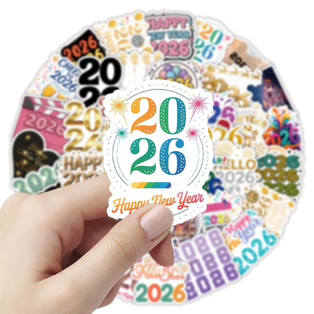 54 قطعة الكرتون 2026 سنة جديدة سعيدة ملصقات أرقام رسائل الكتابة على الجدران الديكور دفتر حقيبة الغيتار الثلاجة الشارات اللعب
