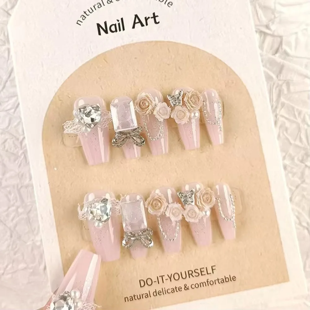 10pcs Camellia Pink Heart Press on Nails - Gel Glitter Butterfly Design Handmade False Nails with Multi-Size Options