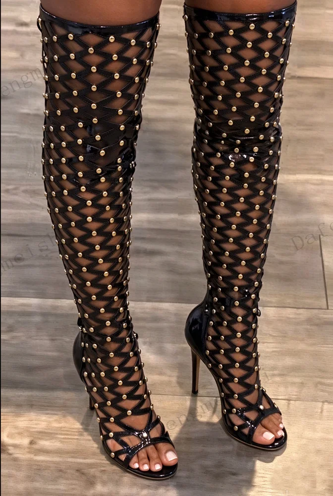 Women Studded Thigh High Gladiator Sandals Peep Toe Hollow Crisscross Straps Stiletto Heel Boots Sexy Nightclub Pole Dance Heels