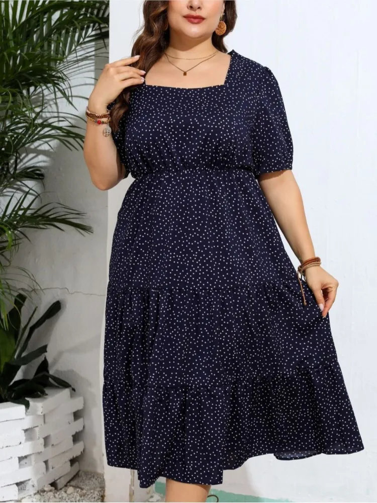 Plus Size Summer Midi Dress Women Polka Dot Print Fashion Ruffle Ladies Dresses Loose Pleated Casual Woman Square Collar Dress