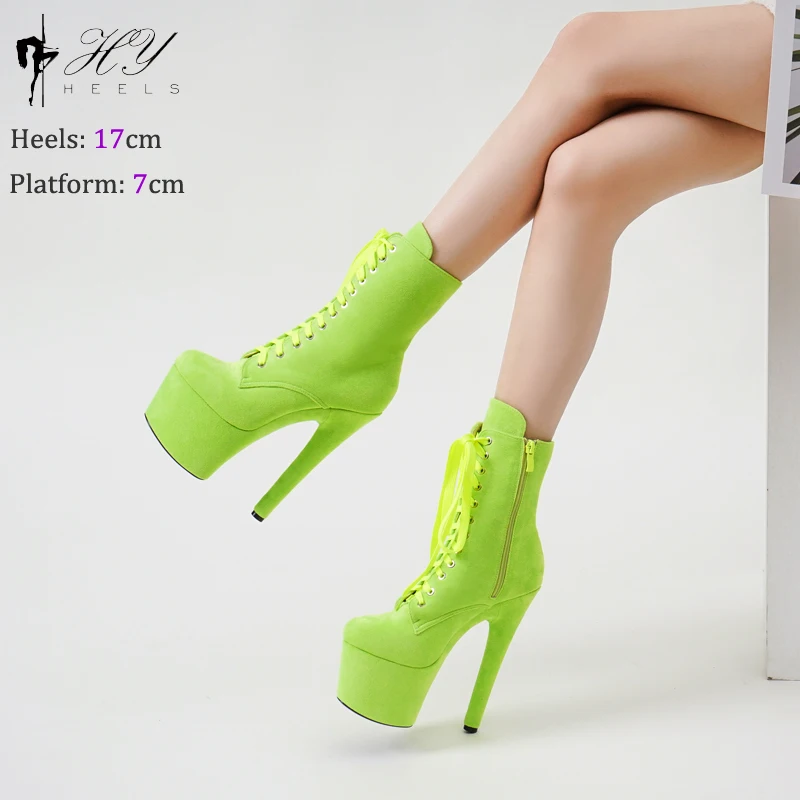 17cm Neon Green Suede Pole Dancing Boots High Heel Platform Ankle Booty for Women Autumn Winter Fashion Sexy Knight Female Shoes