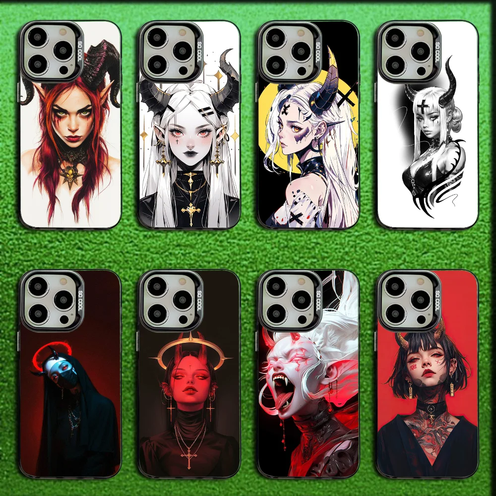 

Demon Witch Satan Anime Girl Phone Case For iPhone 16,15,14,13,12,11,Mini,Pro,SE,MAX Gray Matte Silicone Black Cover
