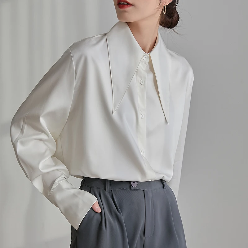 Vintage Long Sleeve White Shirt Women Autumn Winter New Fashion Office Satin Blouse Women Clothes Loose Chic Collar Tops 18015