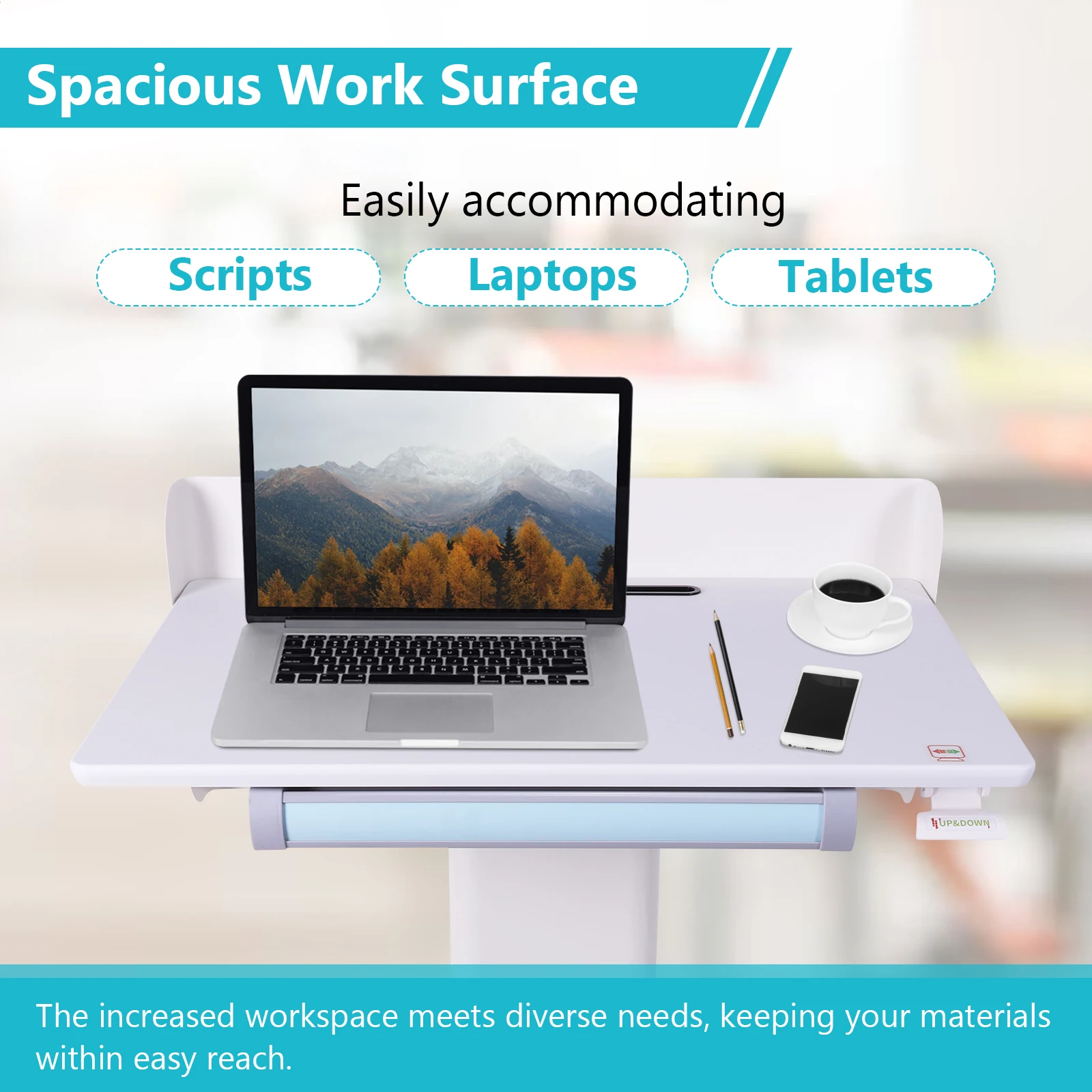 Púlpito de metal móvel com rodas Mesa de recepção de altura ajustável Mesa de estação de trabalho para laptop com bandeja de armazenamento para falar em público