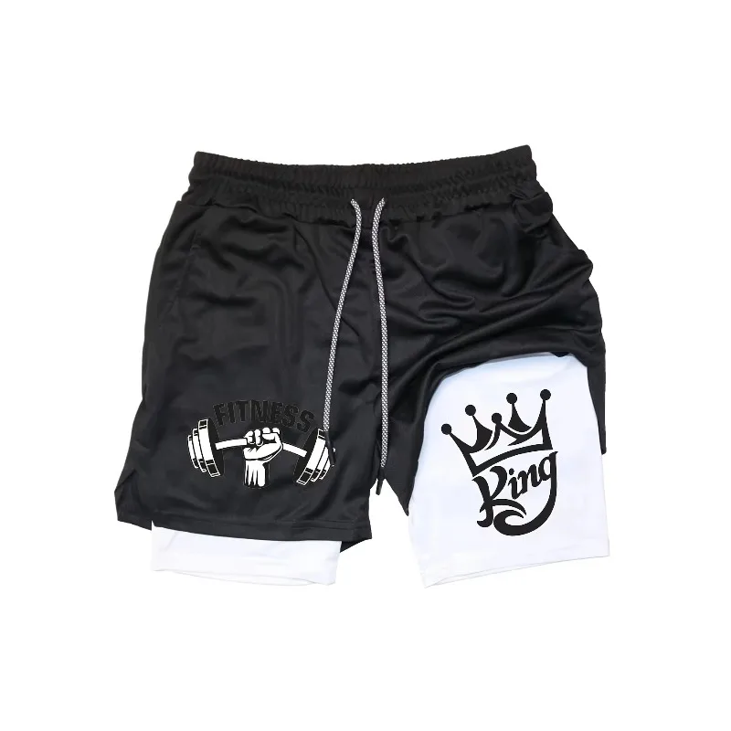 New Men's 2-in-1 Fitness Running Shorts Quick Drying Stretchy Athletic Training Fitness Shorts Breathable Double-deck Gym Shorts