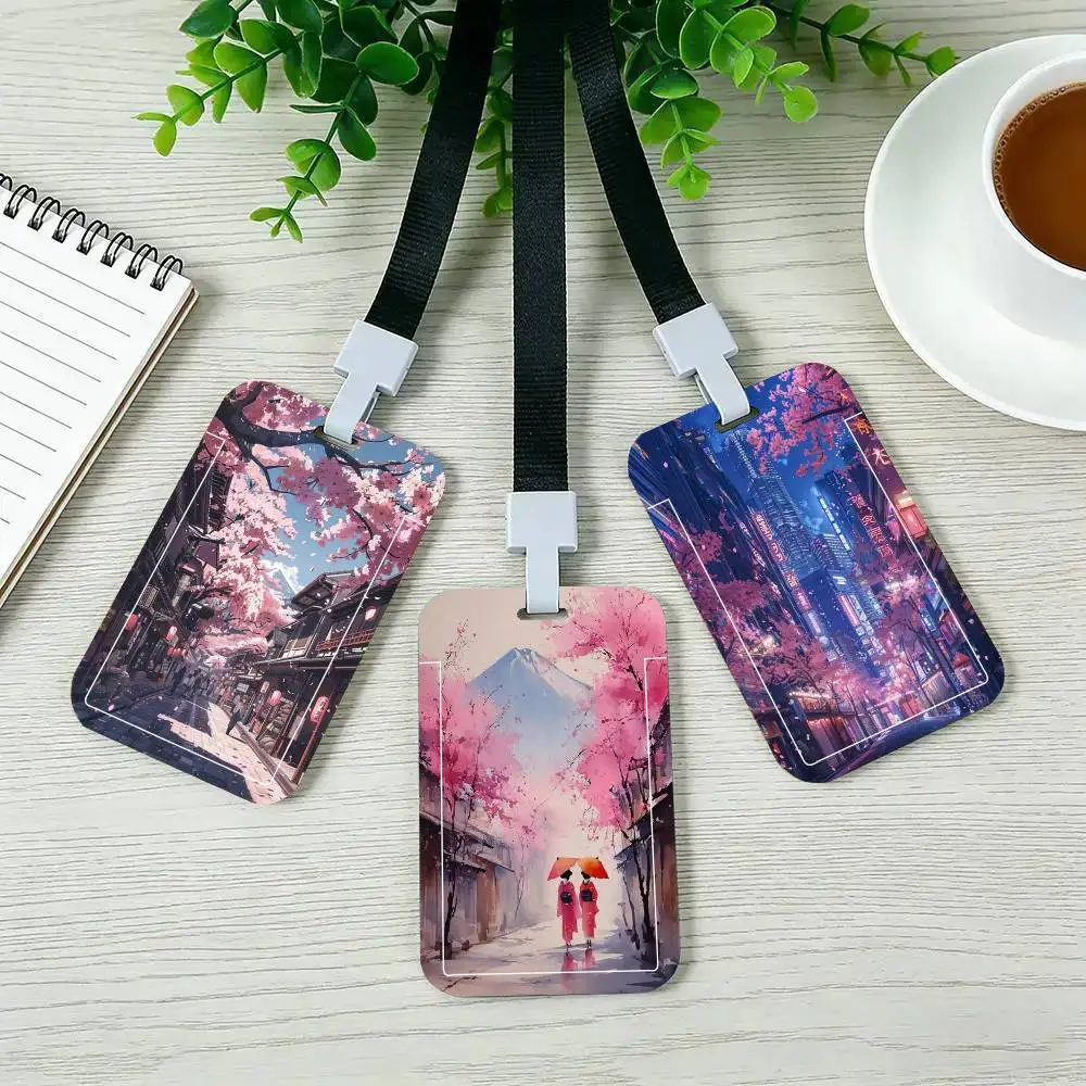 

Japanese Street Scenery Sakura Architecture Black Lanyard Card Holders Student Meal Cards And Campus Ids School