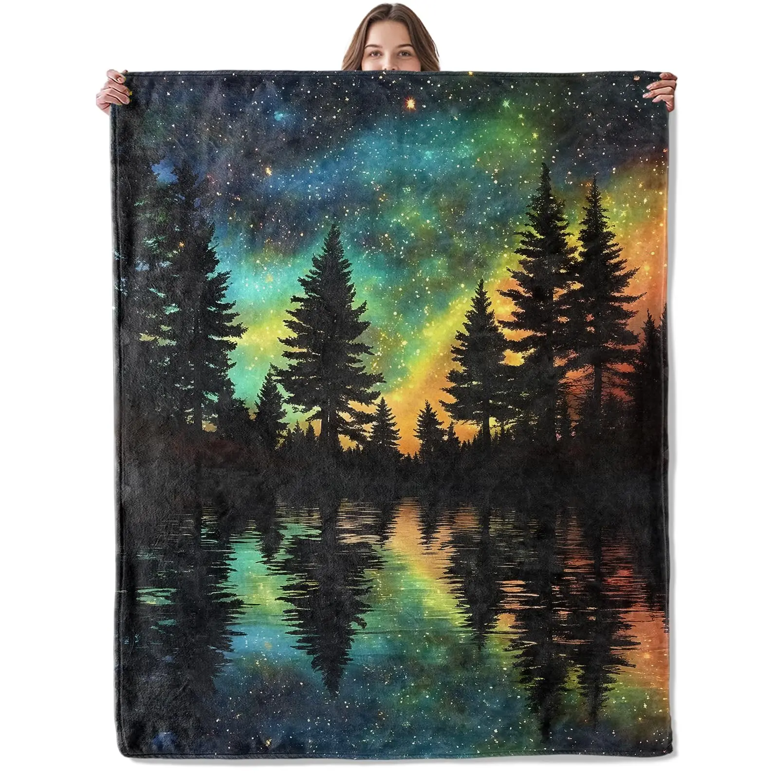 Blanket Throw Starry Night Aurora Forest Reflection Cozy Sofa Bed Blankets Nature Landscape Room Decor Gift Blanket