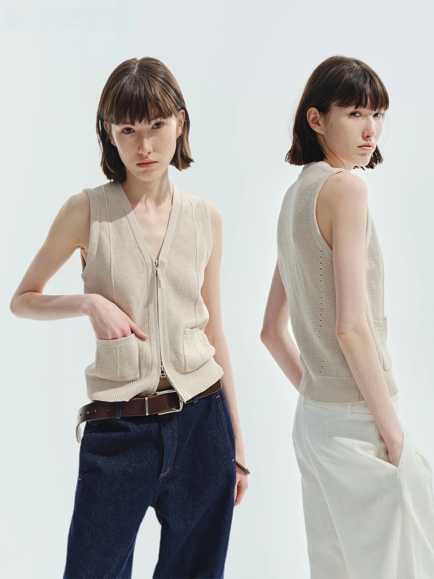 

Non Restrained Lenzing Lyocell Silk Vest Women's Double Zipper Pocket Knitted Sleeveless V-neck City Commute Casual Wear