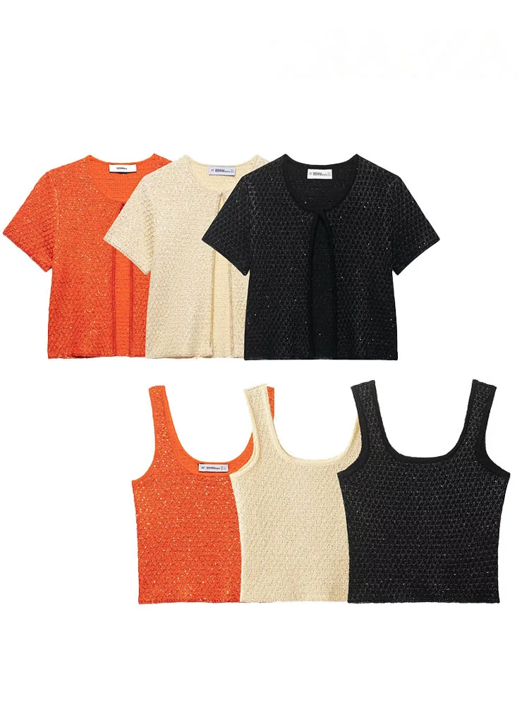 HH 3-farbige Damen-Sommermode-Oberteile, solide O-Ausschnitt, kurze Ärmel, Strickjacke + ärmelloses kurzes Oberteil, weibliche beiläufige dünne Oberteile