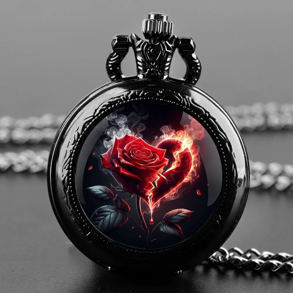 

Fashion Flower Rose Heart Graphic Quartz Pocket Watch Stainless Steel Necklace Women Men Jewelry Pendant Chain Personalised