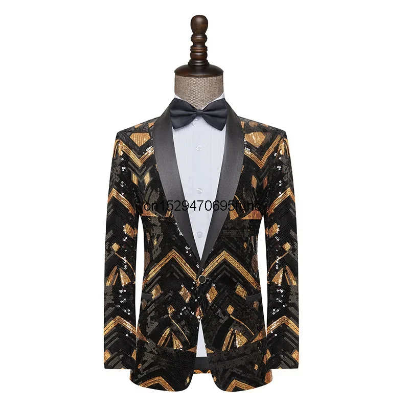 New Men\'s Coat Black Gold Sequins Blazer Performance Dress Host Night Club Wedding (Only Jacket)