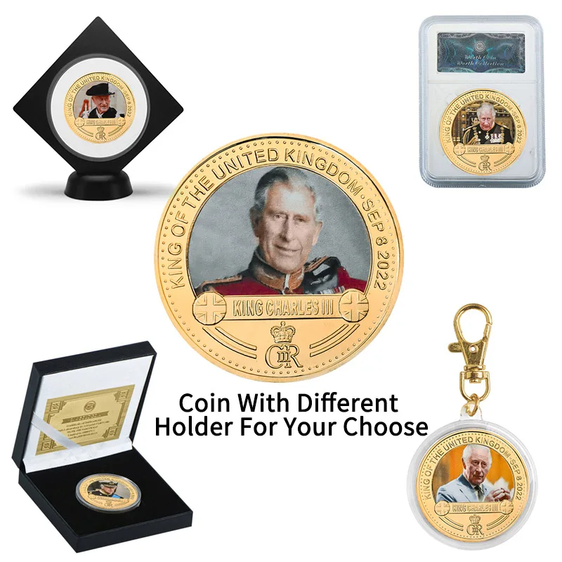 King of The United Kingdom Charles III Gold Plated Commemorative Coin Set UK Royal Challenge Coins Keychain Souvenir Gifts