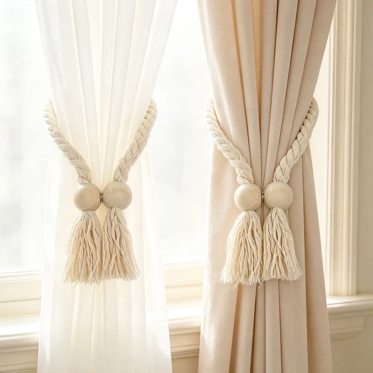 2pcs Wooden Ball Tassel Curtain Tiebacks, Japanese Cream Wood Minimalist Style, Hand Braided Cotton Rope Window Decor for Bedro