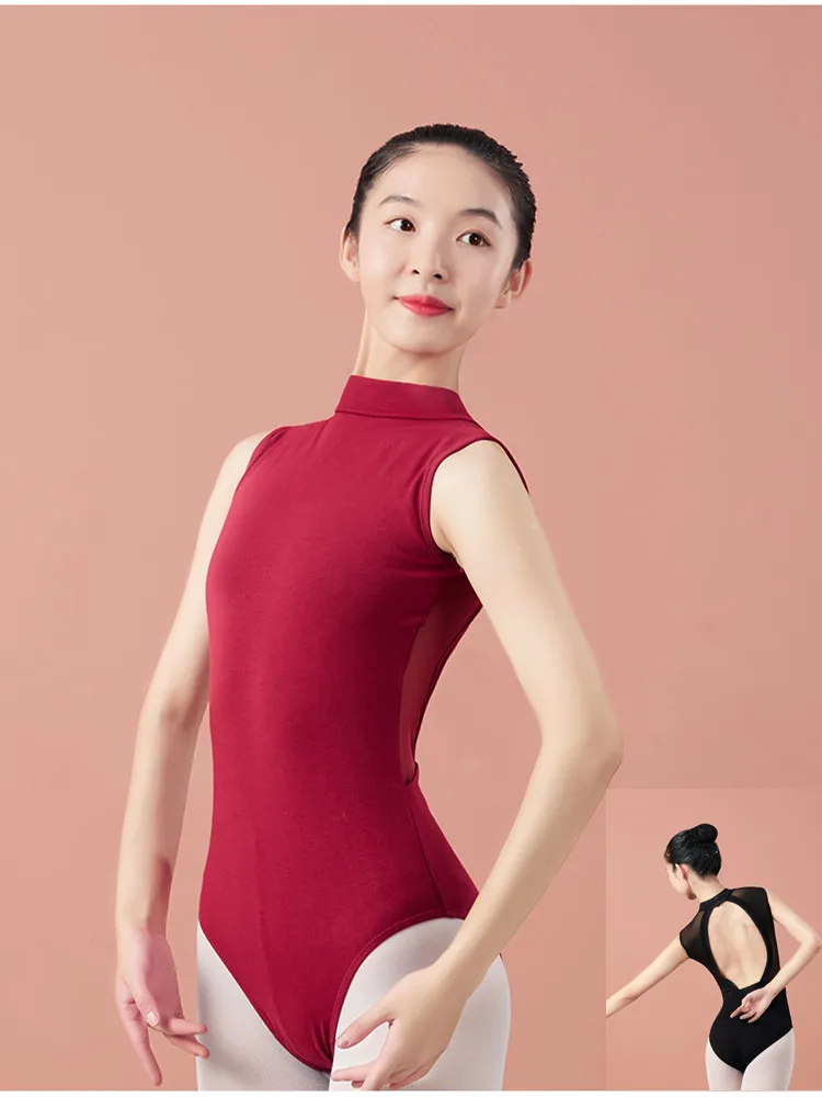 

Adult Ballet Leotard Mesh Stitched Small Stand Collar Dance Costume Women Sleeveless Leotard Gymnastics Girls' Swimsuit