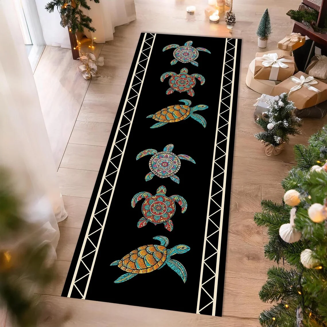 

Nautical Submarine Runner Rug – Dark Blue Coastal Hallway Runner, Kitchen Carpet with Whimsical Orange Submarines and Fish