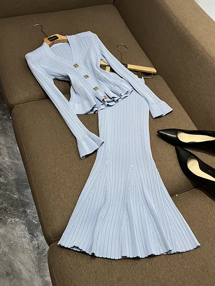 

Faionable Knitted Two-Piece Set with Waist-Cinching Bell Sve Midi Skirt Fi Tail Design Commute Sle Women's Ensemble