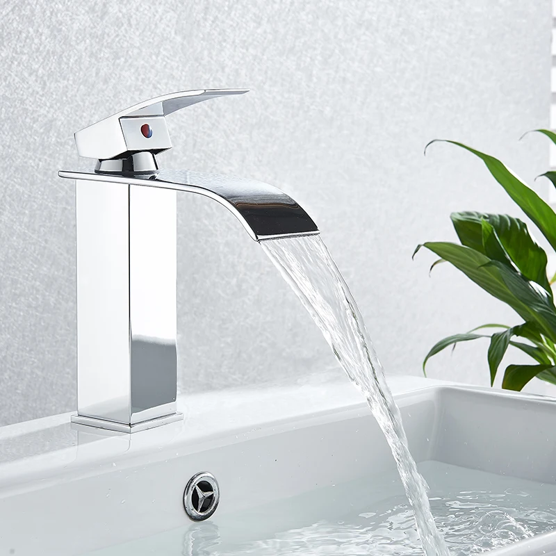 Black/Silver Waterfall Wide Mouth Faucet Basin Stainless Steel Sinks Tap Hot and Cold Water Mixer Single Hole for Home Bathroom