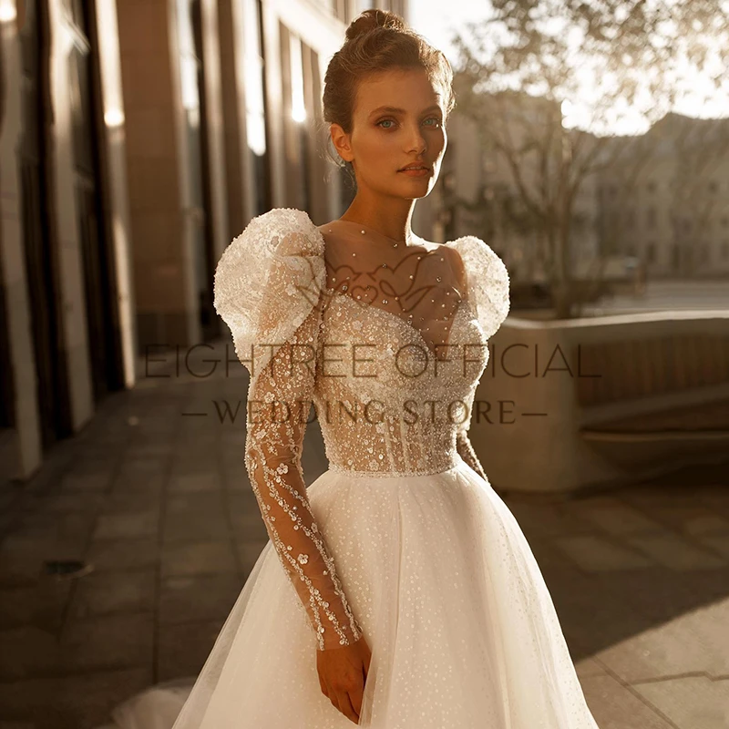 Eightree Formal A-Line Wedding Dresses Women Long Sleeve Beadings Wedding Gowns Boho Beach Bridal Ball Prom Dress Custom Size