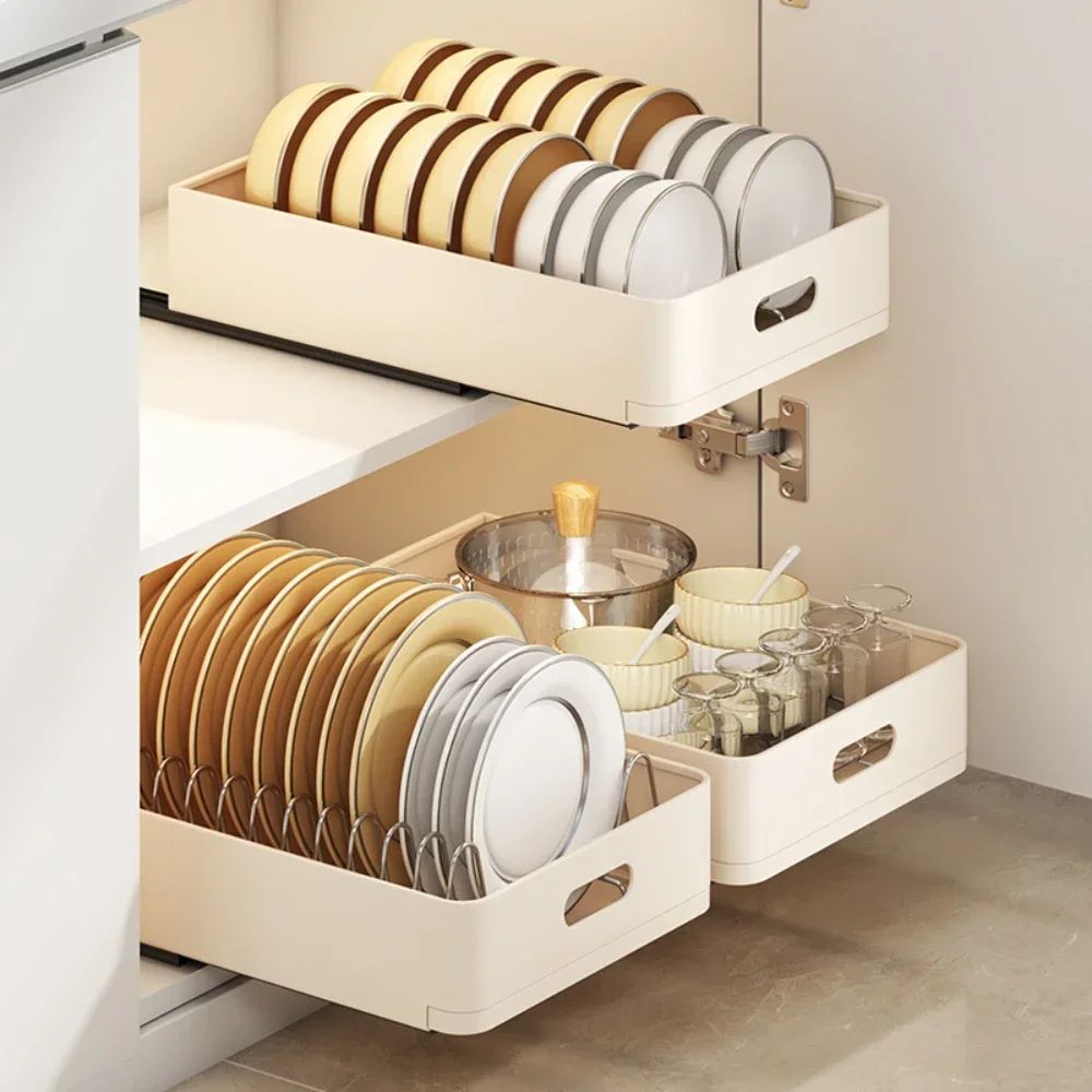 Push And Pull Bowl And Dish Storage Rack Inside The Cabinet Drain Cup Holder Household Kitchen Drawer Style Built-In Bowl Racks