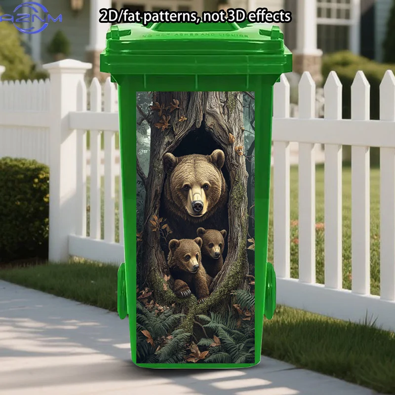 Brown Bears Trash Can Stickers Art, Forest Scene Self-Adhesive Removable Stickers, Nature Stickers, Tree Hollow Artistic Stick
