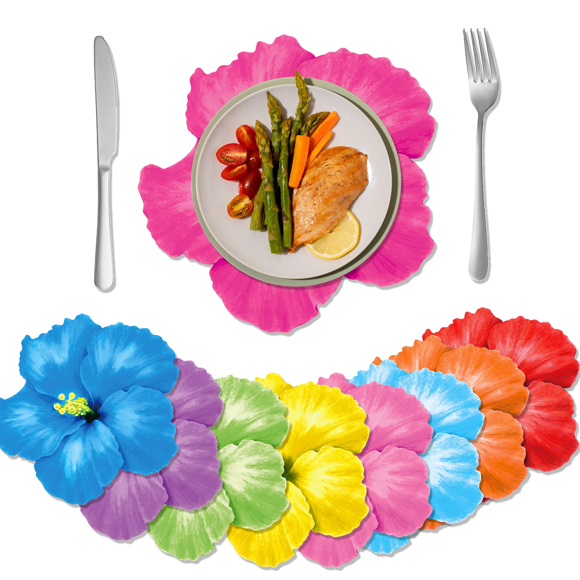 Placemats Descartáveis Dos Desenhos Animados Set, Table Mats, Decorações De Mesa De Jantar, Flores De Hibisco, Casamento, Festa De Aniversário, 10Pcs