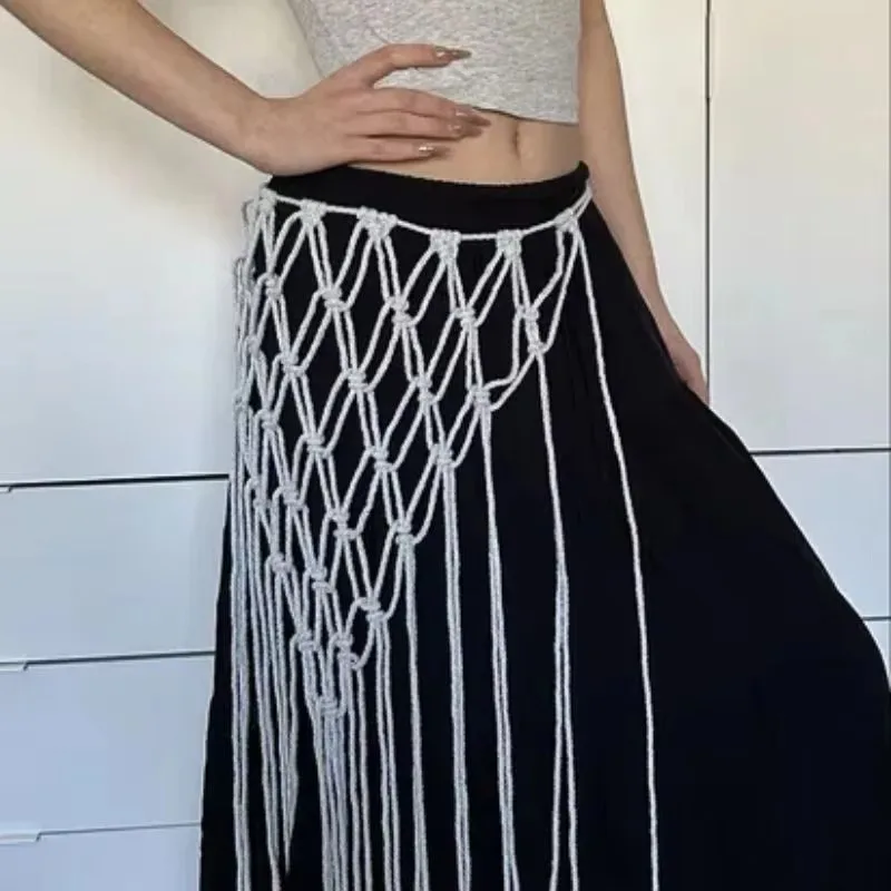 

Women Hand Crochet Tassel Skirt Fashion Sexy Knitted Mesh Tassel Belt For Suits Jeans Beach Cover Up Hip Scarf Beach Vacation