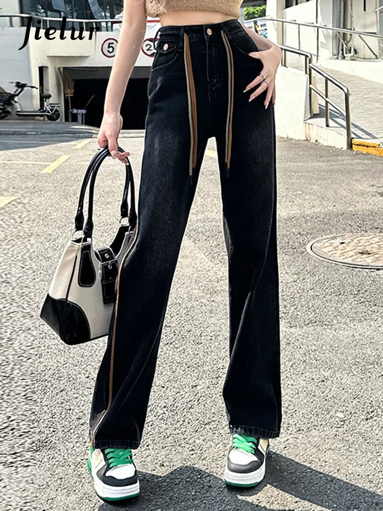 

Jielur New Black Drawstring Slim Women's Jeans Spell Color Straight Loose Simple Female Wide Leg Pants Fashion Streetwear Outfit