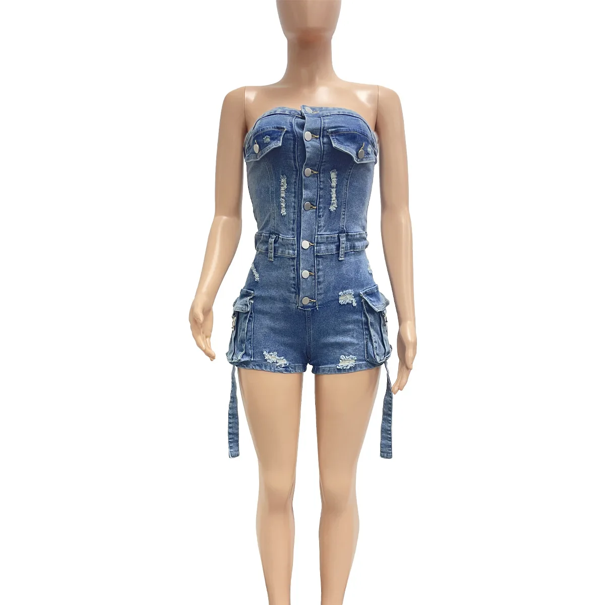 Women Jumpsuit Summer Sexy Tight Sleeveless Strapless Elastic Denim Jumpsuit Streetwear Casual Ripped Pockets Cargo Jean Rompers