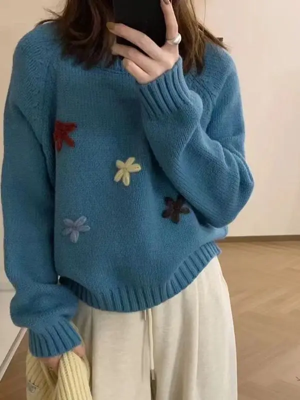 

Thiened round Ne Knitted Sweater Women's Sweet Sle Loose Fit Long Sve Top Embroidered Autumn Winter Warm Faion