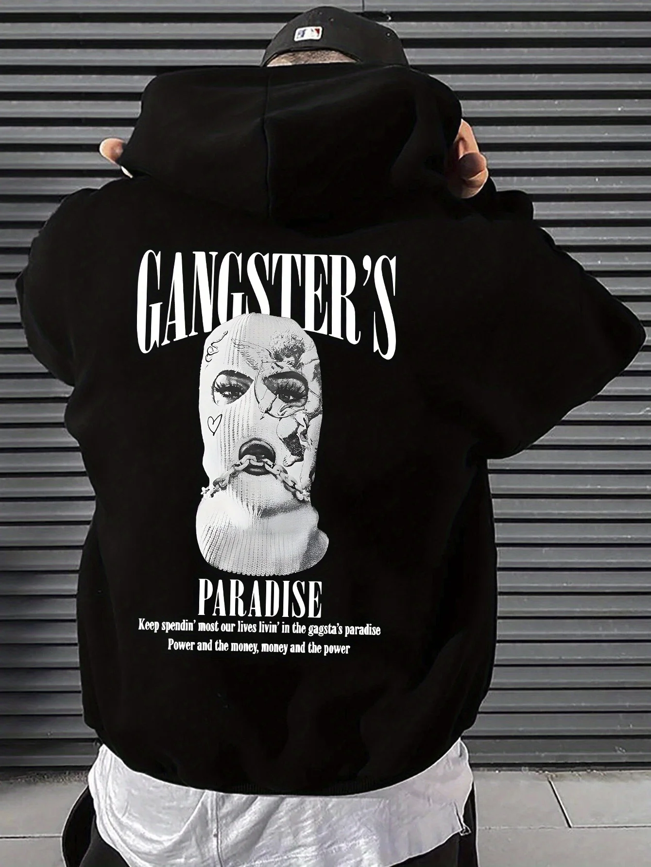 

Men's loose hooded sweatshirt, hooded sweatshirt with Gang paradise pattern print and letters, loose casual jacket