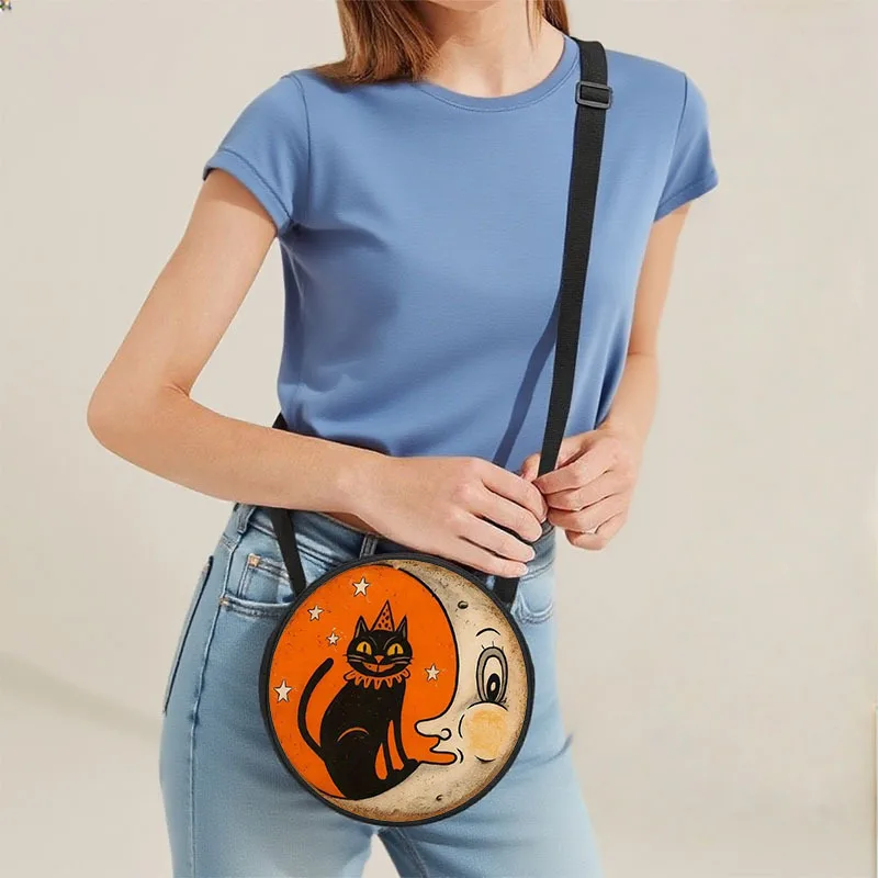 Women Orange White Cat Moon Round Crossbody Bag, Soft Light Zipper Shoulder Bag, Trendy Handbag for Work Shopping Travel