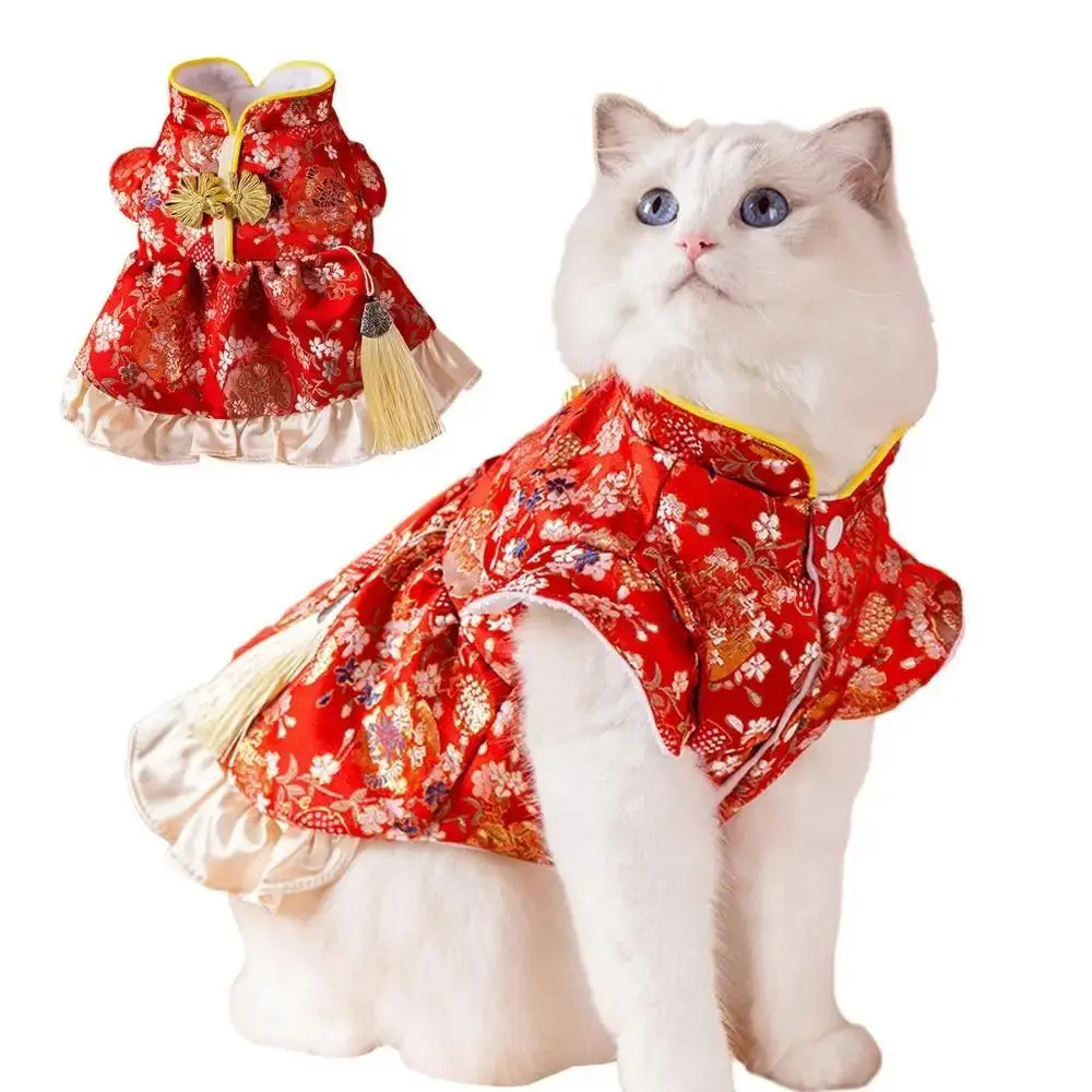 Practical Chinese Style New Year Pet Dress Plush Creative Pet Princess Skirt 4 Size Wind Resist Dog New Year Costume Keep Warm