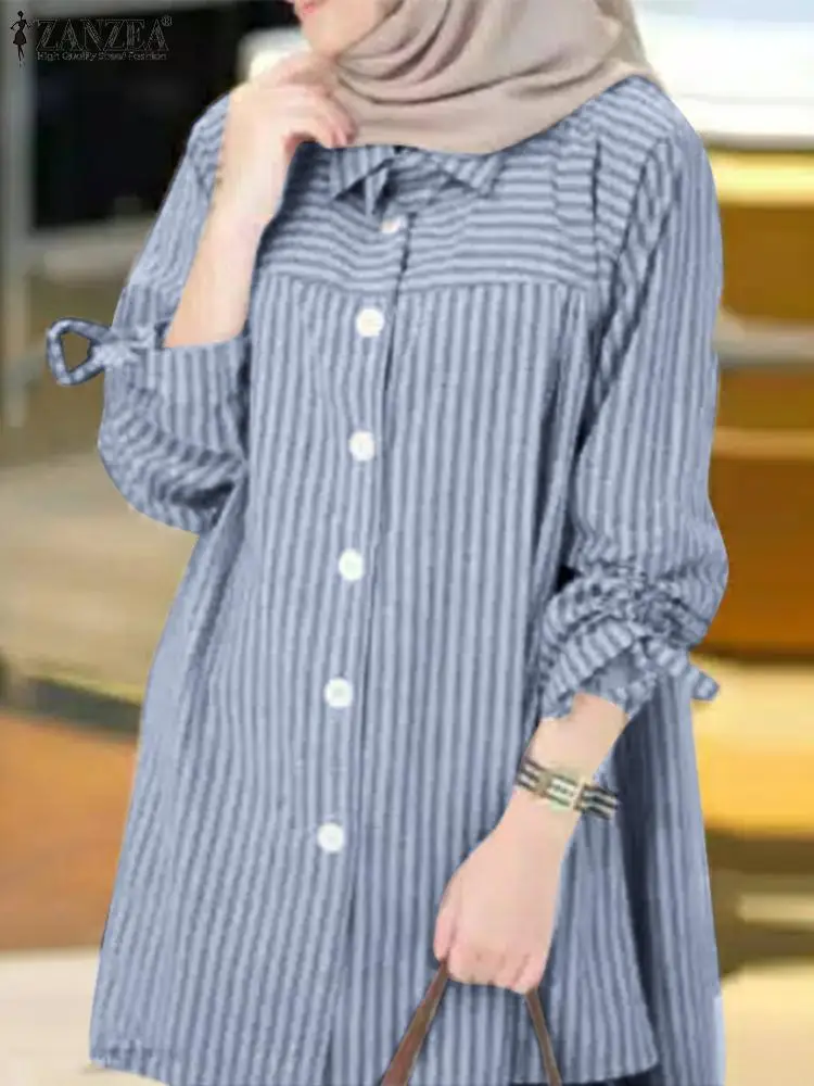 2023 ZANZEA Fashion Women Vintage Striped Blouse Casual Loose Muslim Tops Islamic Clothing Autumn Lapel Neck Long Sleeve Shirt