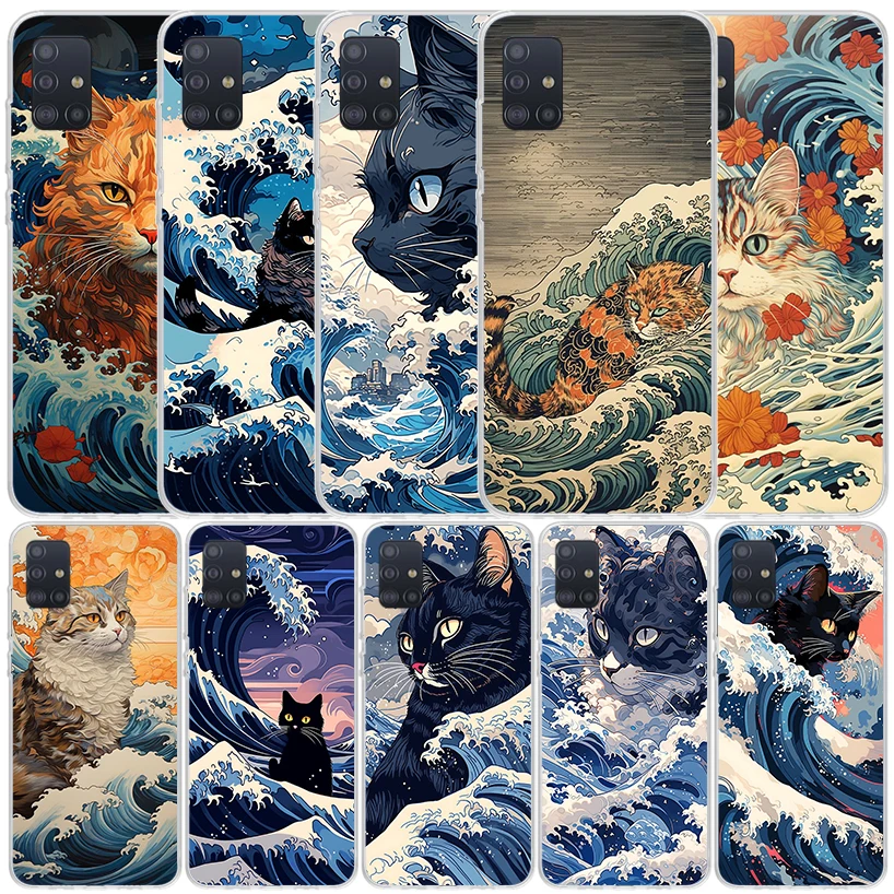 Anime Cat Sea Wave Aesthetic Phone Case For Samsung Galaxy A51 A50S A41 A40 A31 A30S A21S A20S A20E A11 A10S A71 A70 A6 A7 A8 A9