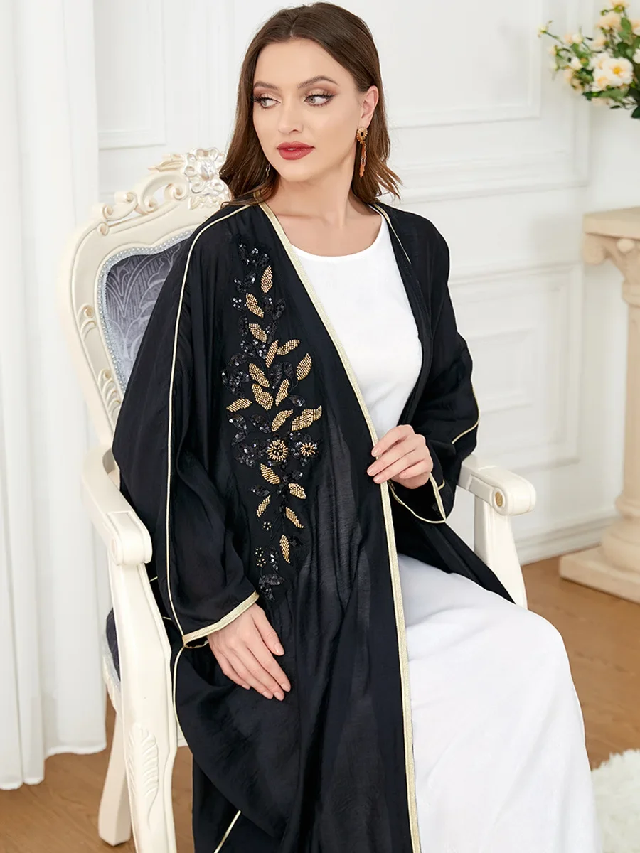 

Black Open Abaya Muslim Women Kimono Cardigan Sequins Kaftan Eid Mubarak Islam Clothing Robe Marocain Caftan Long Dress Jalabiya