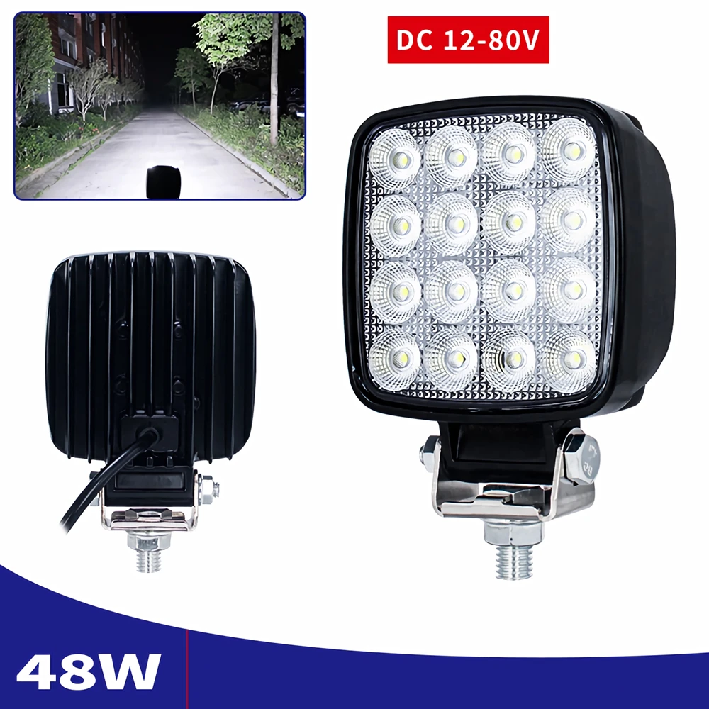 2Pcs LED Work Light 12V - 80V Max 48W Headlights For Loader Forklift Excavator Working Lamp Flood Lighting Aluminium Alloy