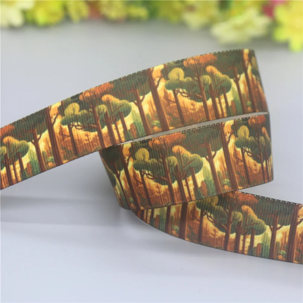 DUWES 50yards Forest Mountain Tree Printed Grosgrain Ribbon Accessories Material Headwear Decoration DIY Sewing Craft D2194