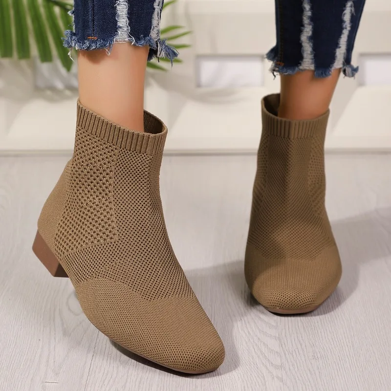 

Вязаные сетчатые ботильоны, модные ботинки с квадратным носком и дышащей мягкой подошвой, нескользящие ботинки-носки