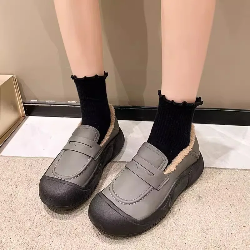 

Thick Soled Hairy Shoes Women Autumn and Winter New Style Outerwear with Added Fleece and Warm Cotton Shoes Casual Loafers
