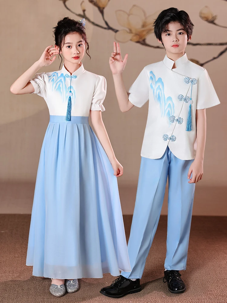 

Blue Performance Costume Children's Chorus Poem Recitation Outfit Primary School Girls' Speech Chorus up Attire