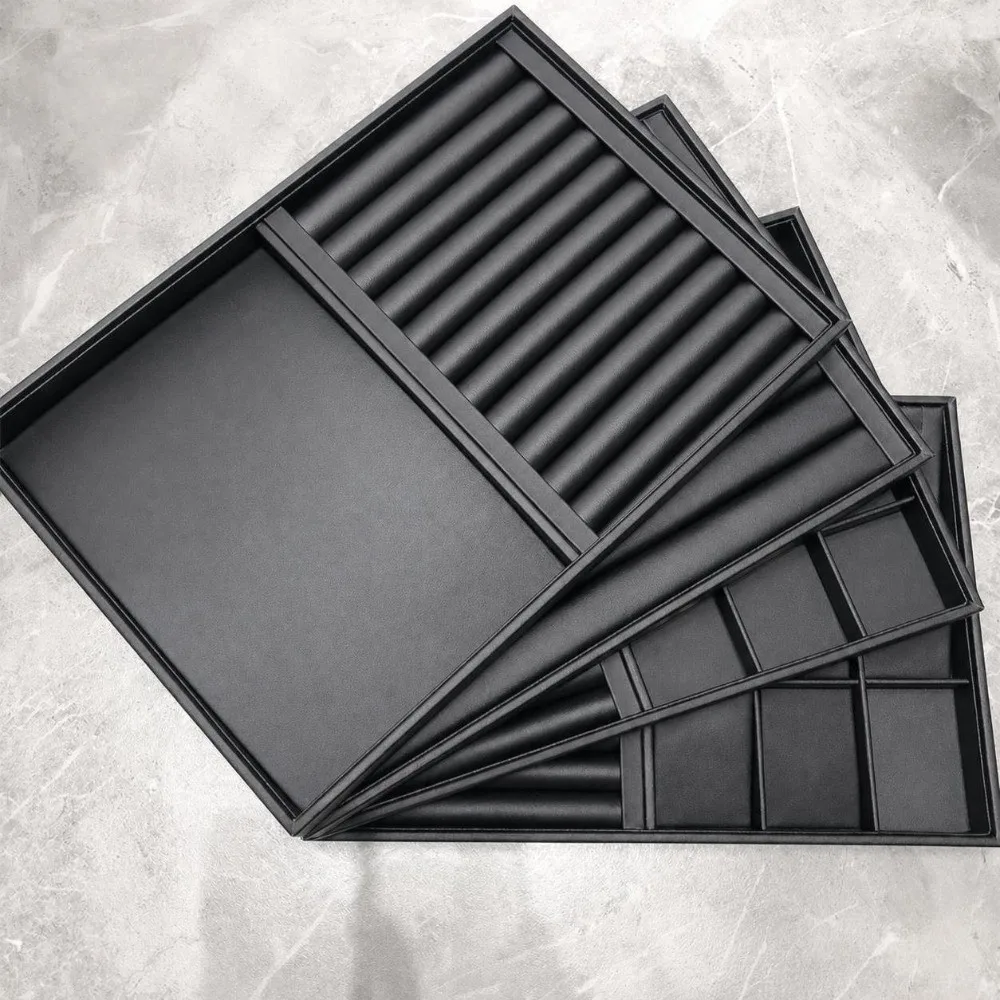 Stackable Jewelry Display Tray Black PU Leather Jewelry Storage Organizer Waterproof Multi Compartments Storage Rack for Rings