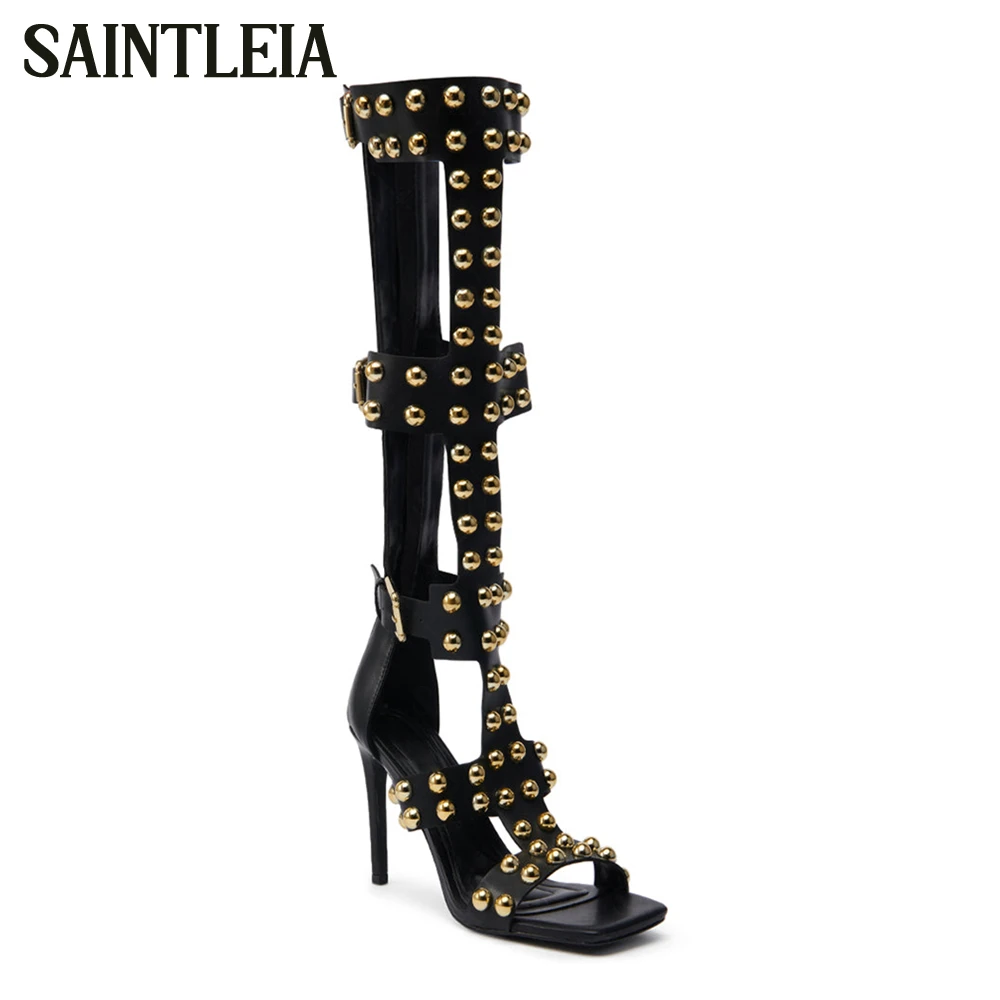 Gold Dome Studs Cage Sandal Boots Multiple Adjustable Buckle Straps Summer Boots Black Leather Women's Stiletto Knee High Boots