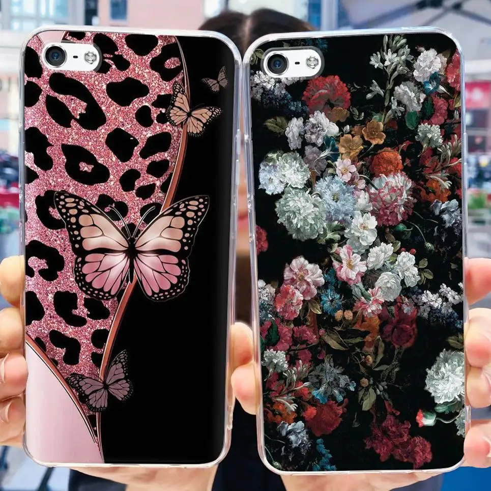 Women Fashion Butterfly Flower Coque Shell For iPhone SE 2016 iPhone 5 5s 6 Plus 6s Plus Back Cover Clear Soft TPU Coques Etui